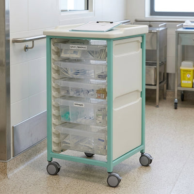 Steel Single Column Tray Trolley – 5 Drawer Medical Storage Unit