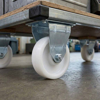 50mm Pressed Steel Fixed Castor Wheel - White Nylon Wheel & 4-Bolt-Hole - 65kg Load Capacity