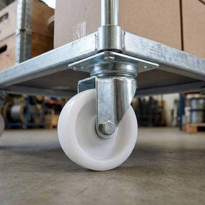 50mm Pressed Steel Swivel Castor Wheel - White Nylon Wheel & 4-Hole Top Plate - 65kg Max Load