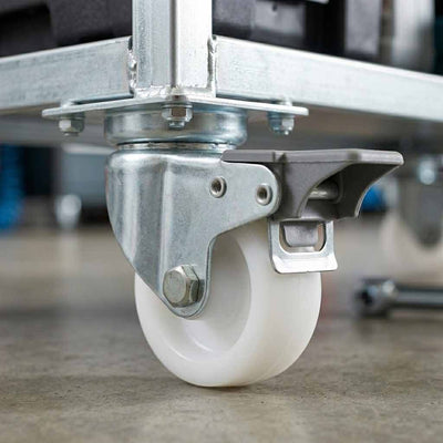 50mm Pressed Steel Swivel Castor Wheel with Brake - White Nylon Wheel & 4-Hole Top Plate - 65kg Load