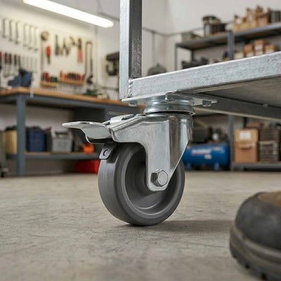 50mm Pressed Steel Swivel Castor with Brake, Grey Rubber Wheel - 4-Hole Top Plate - 50kg Load Capacity