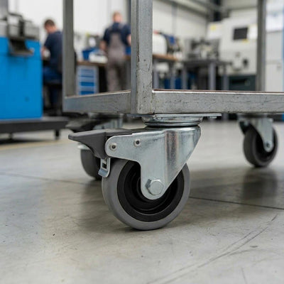 50mm Swivel with Braked Castor Wheel - Grey Rubber on Polypropylene & 4-Hole Top Plate - 60kg Load