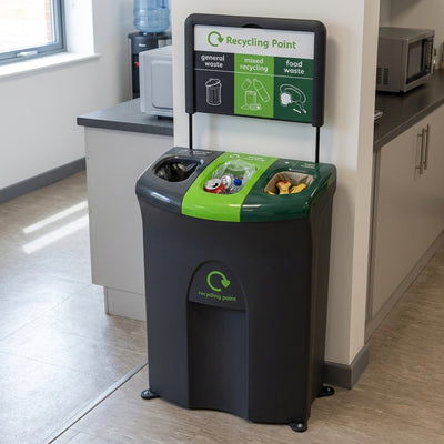 Triple compartment recycling bin 110 litre with colour-coded lids