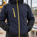 Softshell Work Jacket with Adjustable Hood - Dark Navy/Yellow (view 2)