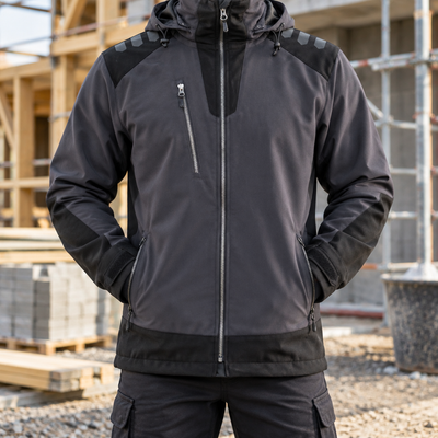 Softshell Work Jacket with Adjustable Hood - Dark Grey/Black