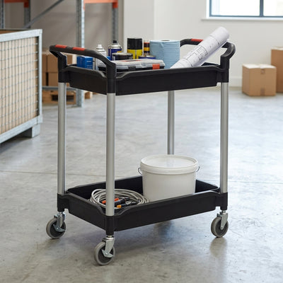 2-Tier Deep Tray Trolley 150kg – Plastic Shelves Aluminium Frame