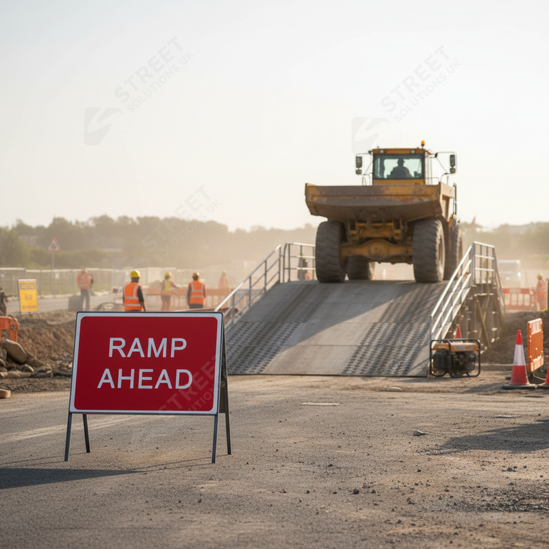 Light Gray Heavy Duty Ramp Ahead Metal Sign 1050 x 750mm - Chapter 8 Compliant