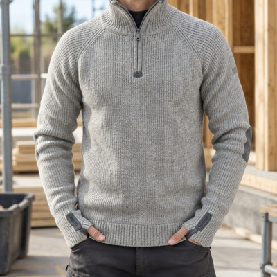 Half-Zip Wool Work Sweater with Reinforced Elbows - Grey Melange