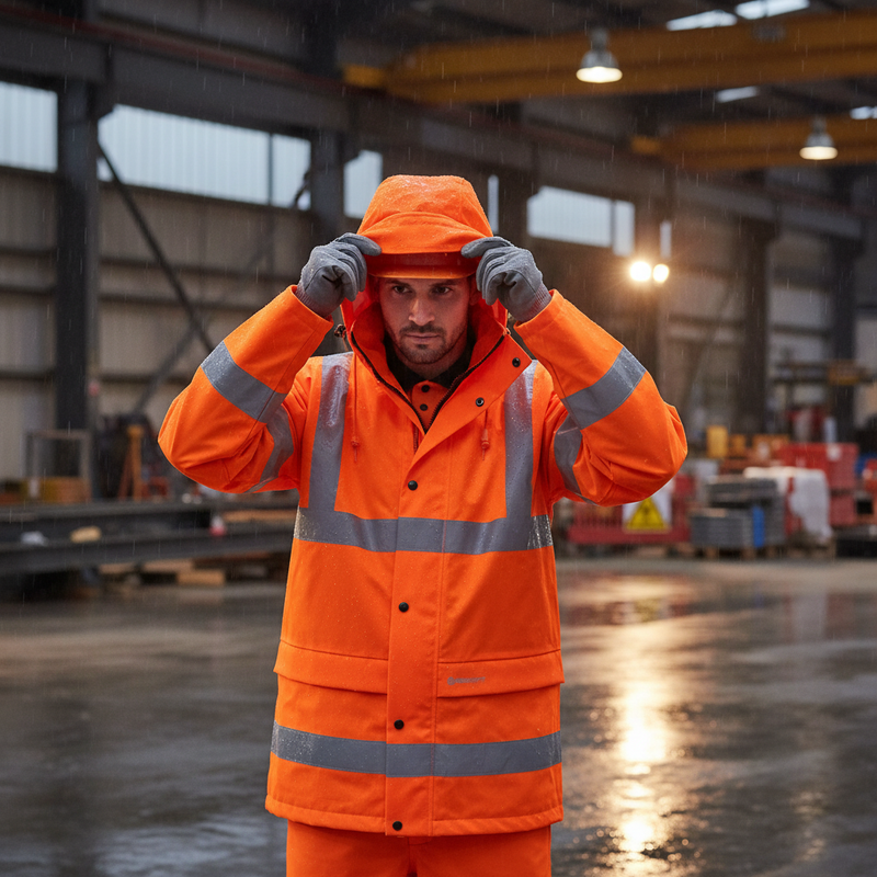 Dark Slate Gray High-Visibility PU Jacket with Concealed Hood - Orange