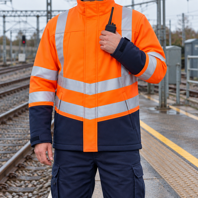 Men's Hi-Vis Orange/Navy Blue Softshell Jacket with Fleece Lining