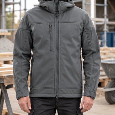 Hooded Softshell Stretch Work Jacket with Multiple Pockets - Grey