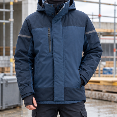 Waterproof Insulated Work Jacket with Detachable Hood - Navy/Dark Navy