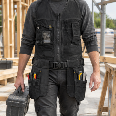 Canvas Stretch Tool Vest with Holster Pockets - Black