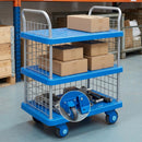 Three-tier platform trolley 300kg capacity with mesh sides