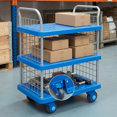 Three-tier platform trolley 300kg capacity with mesh sides