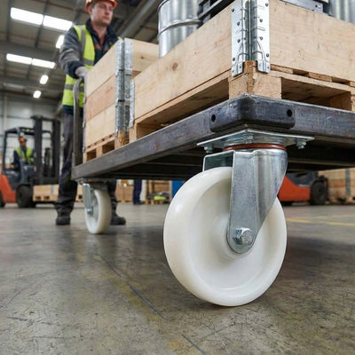 200mm Pressed Steel Swivel Castor Wheel with 4 Hole Top Plate & White Nylon Wheel - 230kg Load Capacity