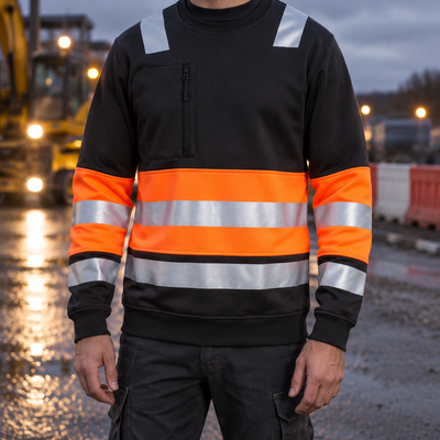Class 1 Black/Hi-Vis Orange Visibility Crew Sweatshirt with Zip Pocket