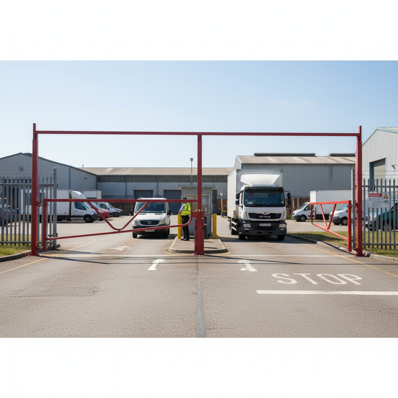 Gray Double Fixed Height Restrictor for Two Lanes with Swing Gates