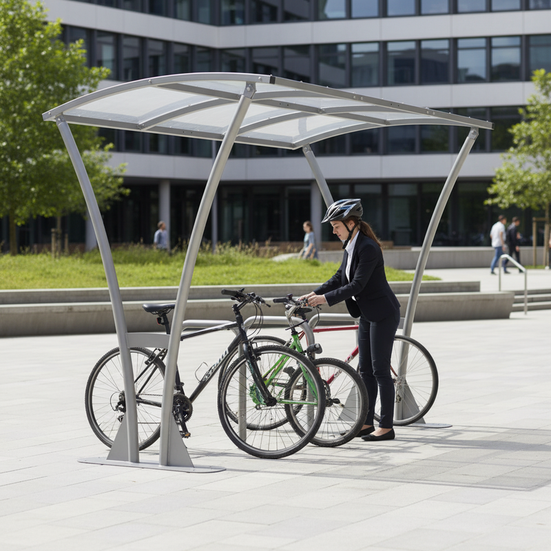 Light Gray Premium Open Sided Cycle Shelter with Clear Roof Extension Bays