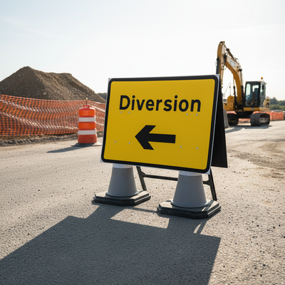 Heavy Duty Diversion Left Traffic Sign 1050 x 750mm (Double Cone)