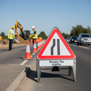 Light Slate Gray Premium Road Narrows Left with Single File Traffic Supplementary Provision Sign 750mm