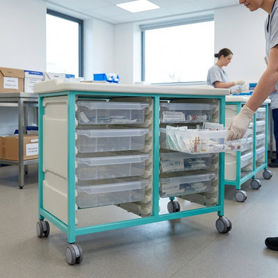 Steel Low Level Double Column Tray Trolley with 8 Small Drawers, 807mm Height
