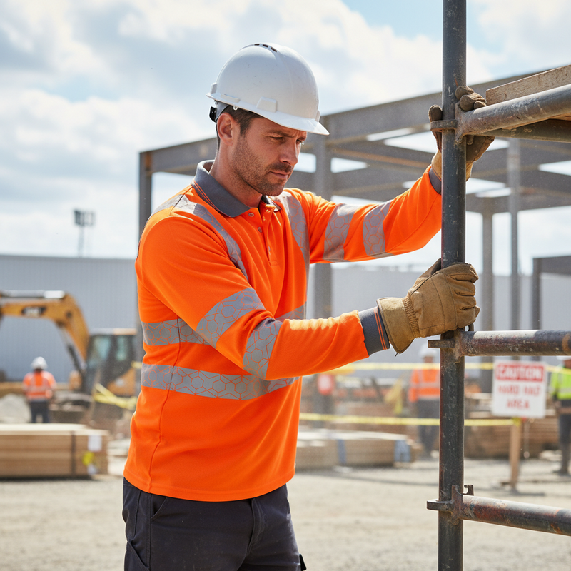 Light Gray High-Visibility Long Sleeve Recyclable Polo Shirt - Orange