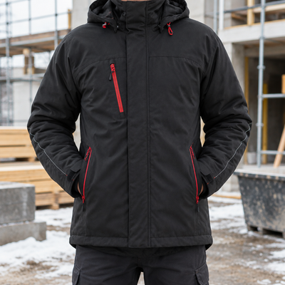 Black/Red Insulated Winter Coat with Flexible Lining