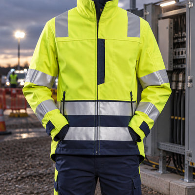 Hi-Vis Yellow/Navy Arc Rated Flame Retardant Softshell Work Jacket