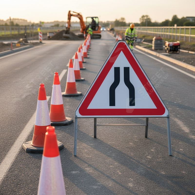 Dim Gray Heavy Duty Road Narrows Both Sides Triangle Metal Sign Face 750mm