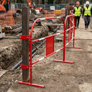 Steel site safety barrier with reflective strips