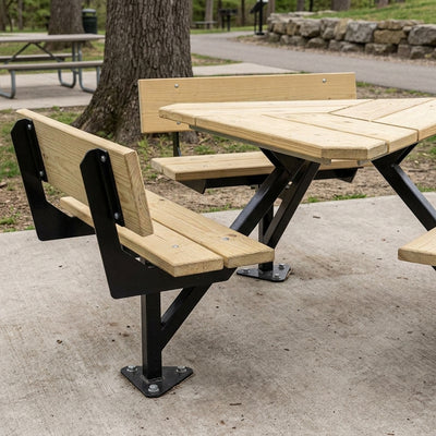 Timber tri-table picnic table, hardwood seats, steel frame