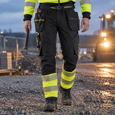 Hi-Vis Class 1 Stretch Holster Pocket Trousers, Black/Hi-Vis Yellow