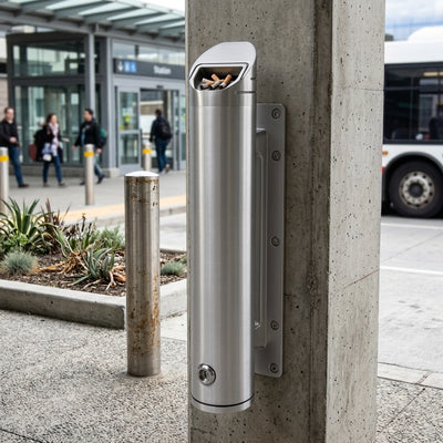 480mm × 80mm diameter brushed aluminium post-mounted cigarette bin
