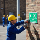 Tan Premium Fire Safety Sign - Fire Assembly Point Down Left Arrow