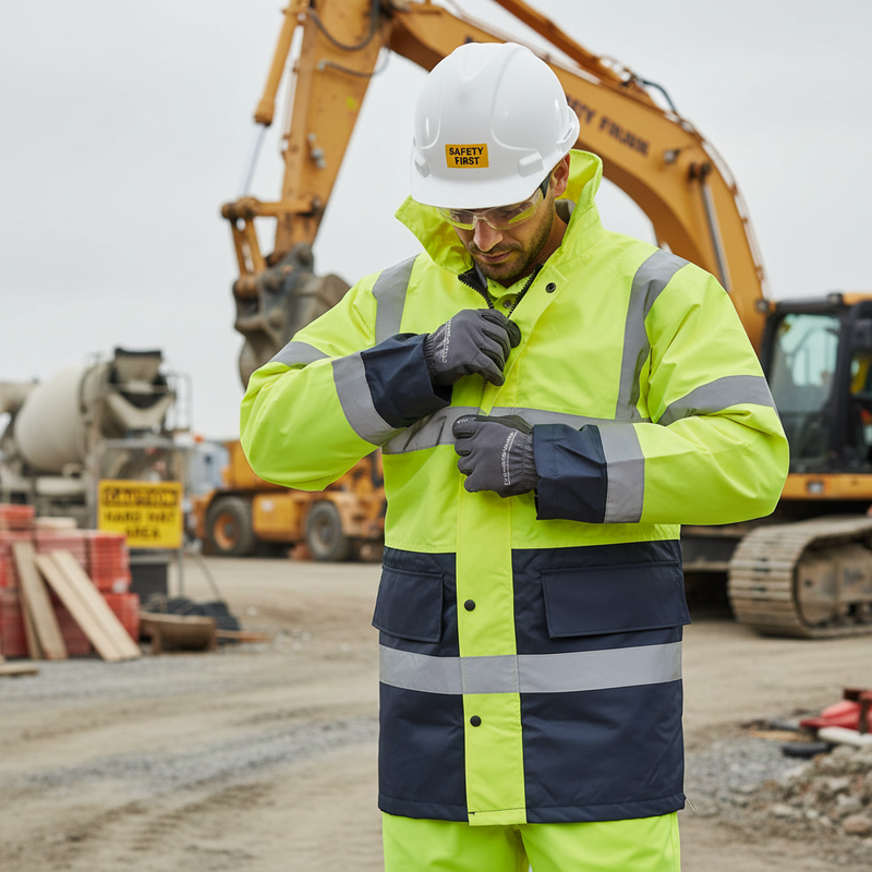 Dark Khaki Premium Hi-Vis Two-Tone Fleece Lined Traffic Jacket with Concealed Hood