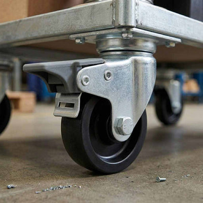 75mm Pressed Steel Swivel Castor Wheel with Brake - Black Polypropylene & 4-Hole Top Plate - 75kg Load