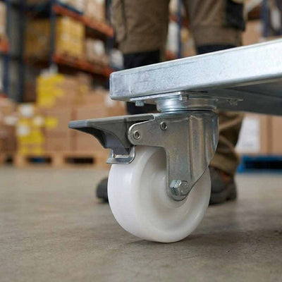 Pressed Steel Braked Swivel Castors With White Nylon Wheel - 50mm & 75mm