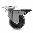 White Smoke Pressed Steel Braked Swivel Castors With Grey Rubber on Black Polypropylene Wheel - 50mm to 100mm