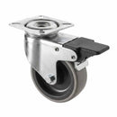 White Smoke Pressed Steel Braked Swivel Castors With Grey Rubber on Black Polypropylene Wheel - 50mm to 100mm