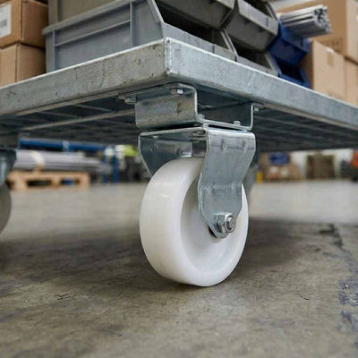 75mm Pressed Steel Fixed Castor Wheel - White Nylon Wheel & 4-Bolt-Hole - 75kg Load Capacity