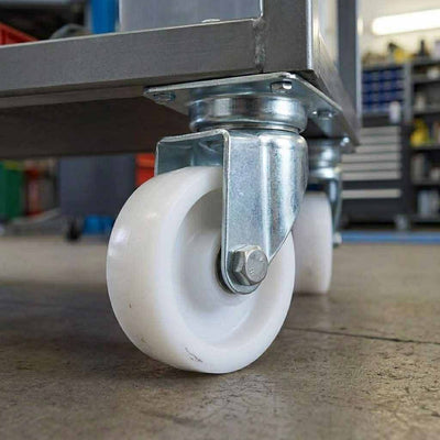 75mm Pressed Steel Swivel Castor Wheel - White Nylon Wheel & 4-Hole Top Plate - 75kg Max Load