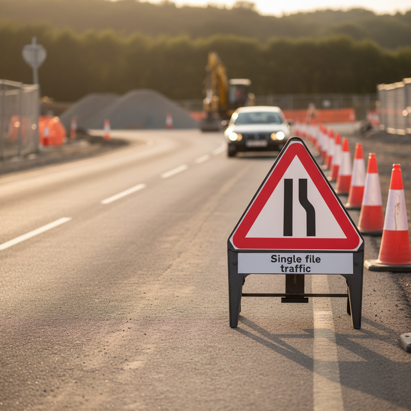 Rosy Brown Premium Road Narrows Right Traffic Sign - Single File Provision 750mm