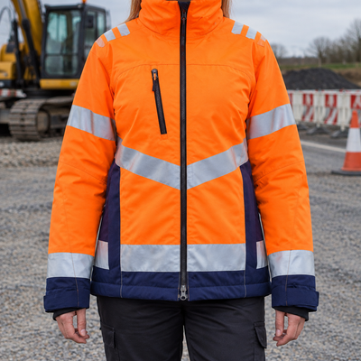 Women's Hi-Vis Insulated Winter Coat - Orange/Navy Blue