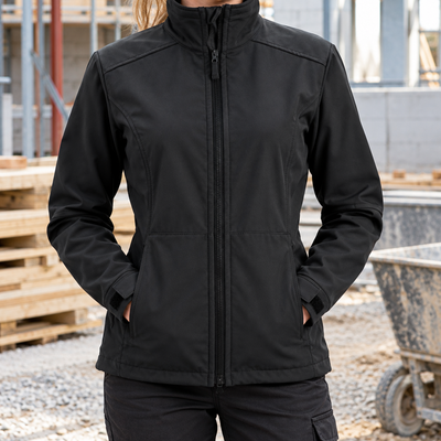Women's Windproof Softshell Work Jacket with High Collar - Black
