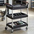 3-tray mobile trolley 150kg capacity black plastic shelves