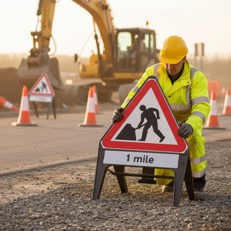 Dim Gray Premium Men At Work 1 Mile Supplementary Plate with Q-Sign 750mm