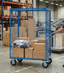 Heavy-duty distribution truck with steel shelves and mesh, blue