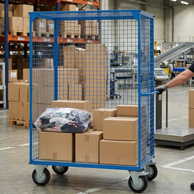 Heavy-duty distribution truck with steel shelves and mesh, blue