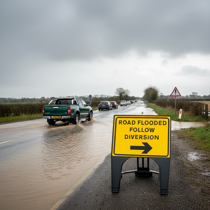 Gray Premium Road Flooded Follow Diversion Arrow Right Sign 600 x 450mm